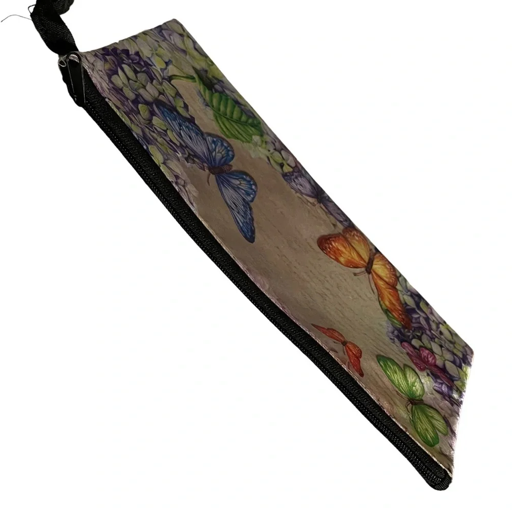 Makeup Cosmetics Bag Pouch Wristlet Butterflies and Hydrangeas Print 8.75